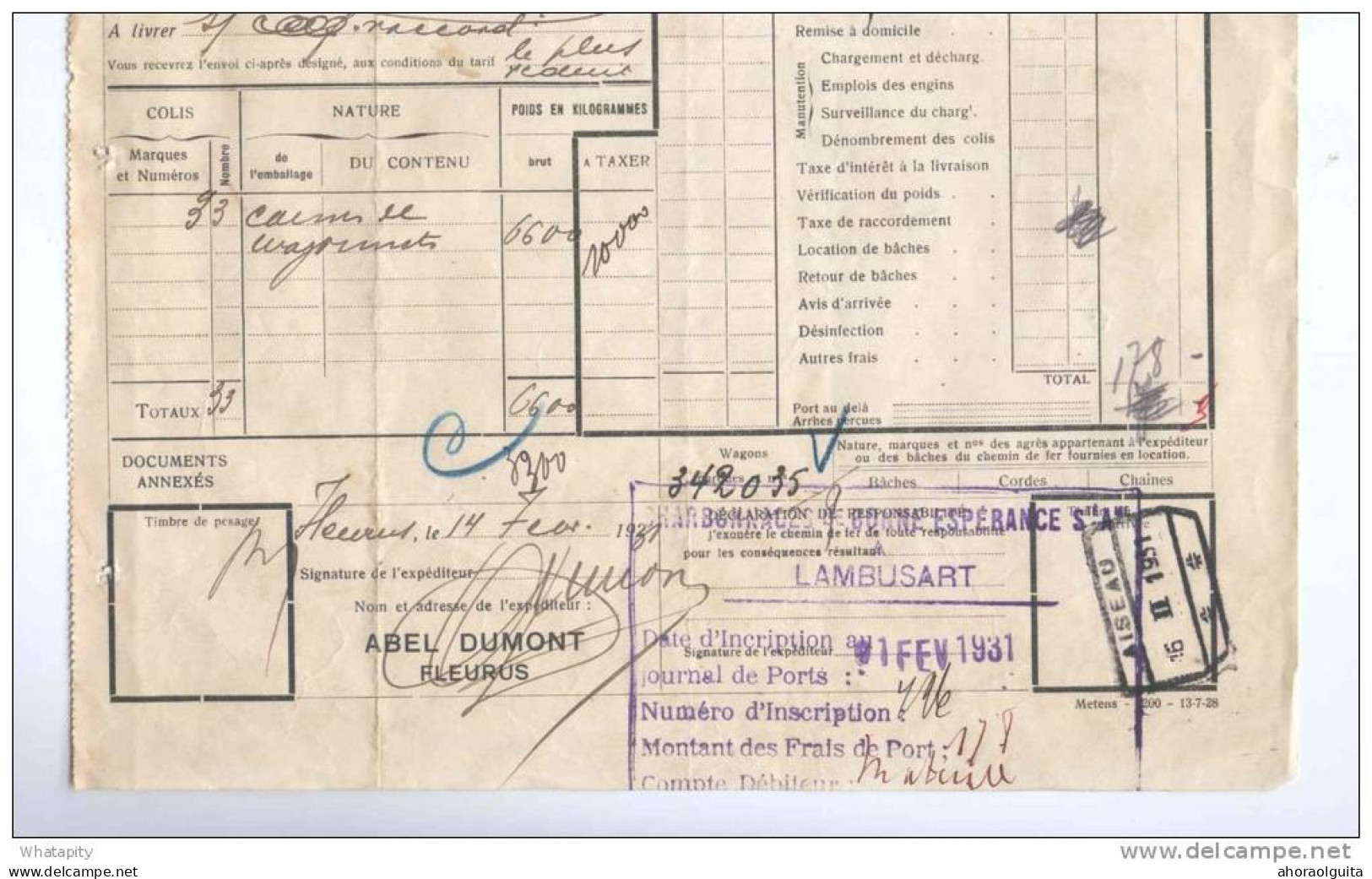 Lettre De Voiture Cachet De Gare FLEURUS 1931 Vers AISEAU - Entete Abel Dumont  --  B8/416 - Andere & Zonder Classificatie