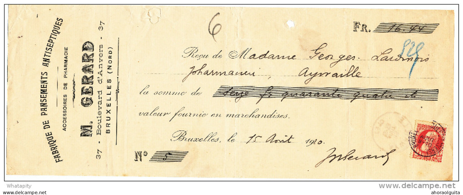 BELGIQUE - Document Financier Via Poste Belge 1910 - Pansements Antiseptiques Gérard à BRUXELLES  -- VV430 - Pharmacy