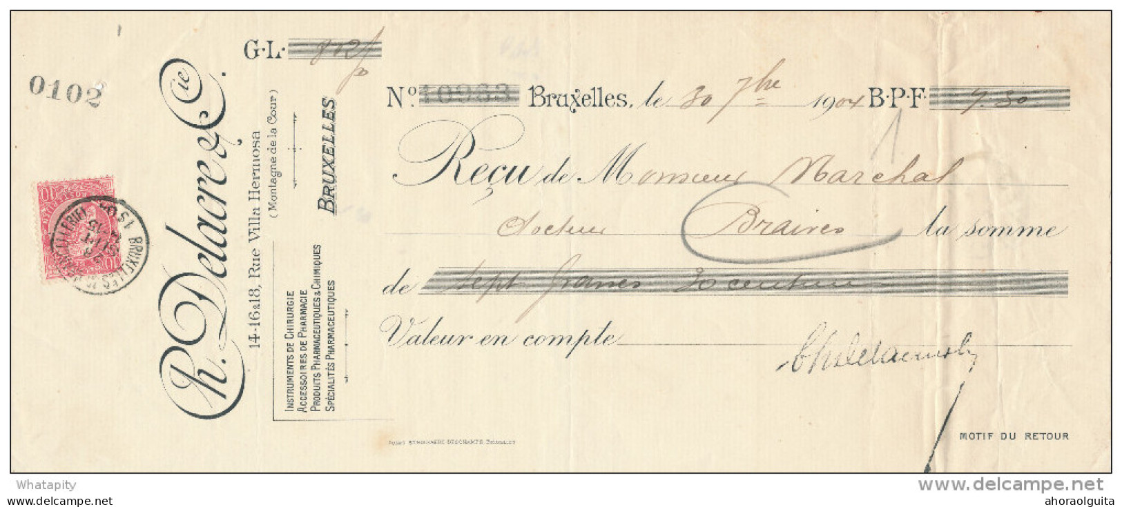 BELGIQUE - Document Financier Via Poste Belge 1904 - Accessoires De Pharmacie , Chirurgie Delacre à BRUXELLES  -- VV428 - Pharmazie