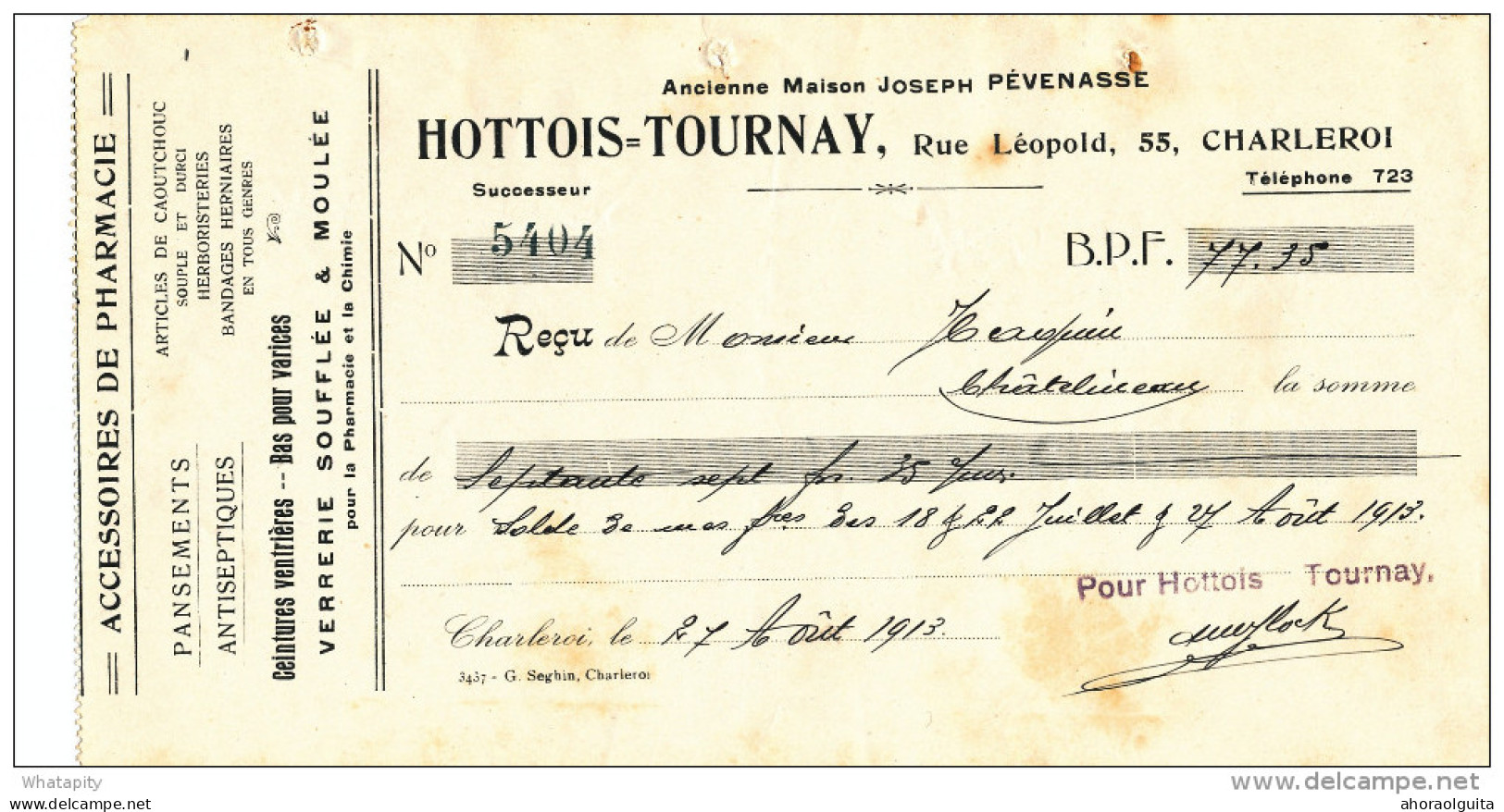 BELGIQUE - Document Financier 1913 - Accessoires De Pharmacie Hottois-Tournay à CHARLEROI  -- VV426 - Pharmacie