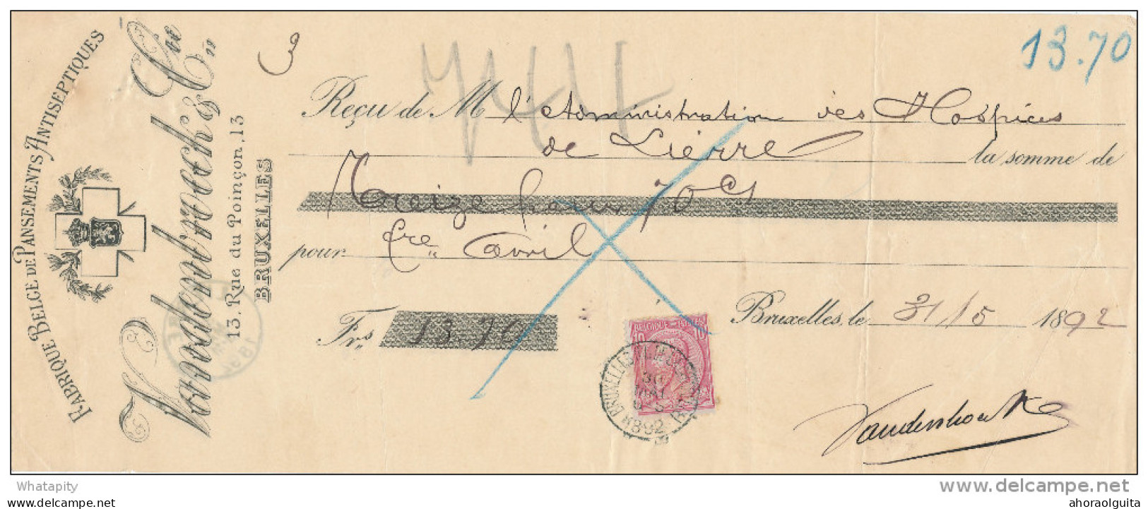 BELGIQUE - Document Financier Via Poste Belge 1892 - Pansements Antiseptiques Vandenbroeck à BRUXELLES  -- VV423 - Farmacia