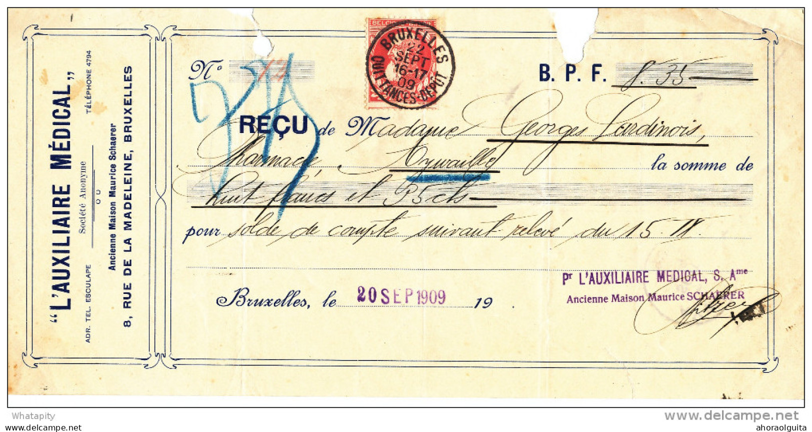 BELGIQUE - Document Financier Via Poste Belge 1909 - L'Auxiliaire Médical à Bruxelles  -- VV420 - Pharmazie