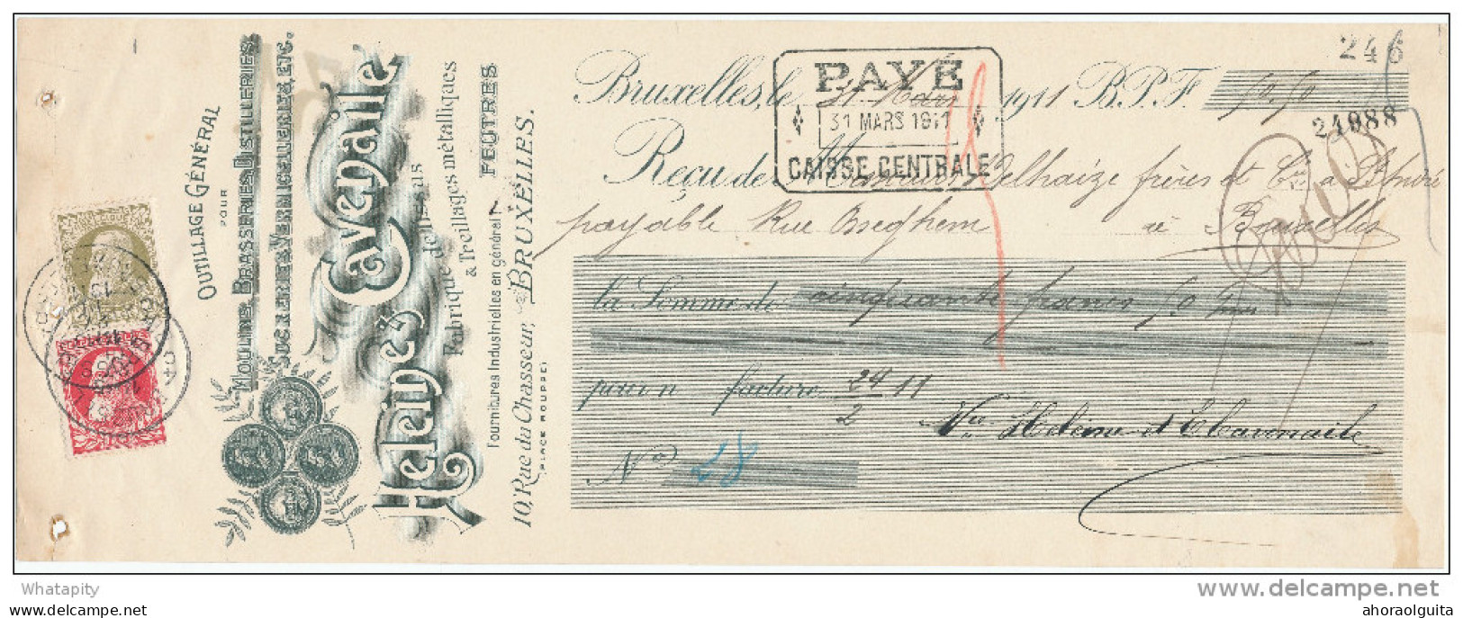 BELGIQUE - Document Financier Via Poste Belge 1911 - Outillage Pour Brasseries , Moulins , Heleine à Bruxelles  -- VV410 - Birre