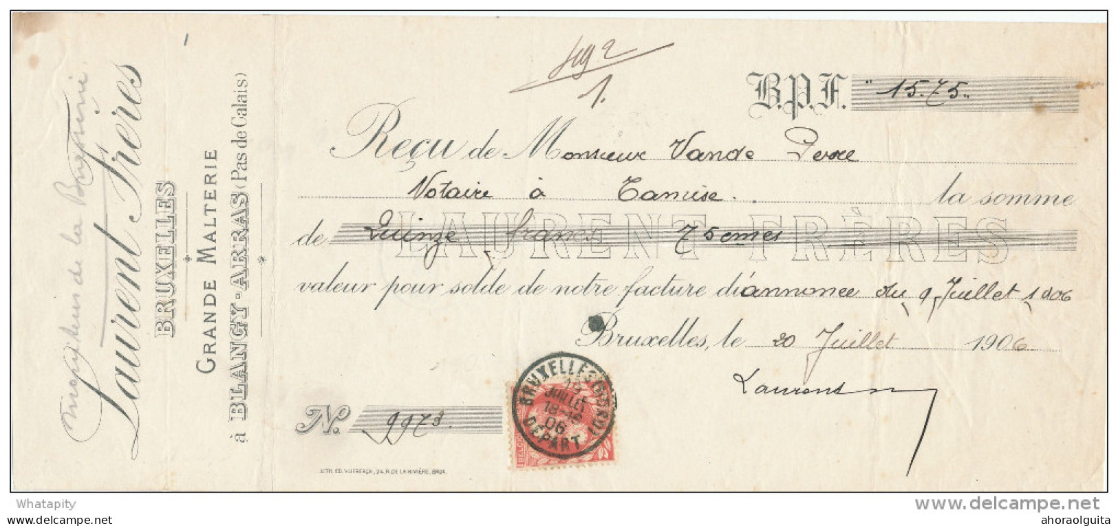 FRANCE / BELGIQUE - Document Financier Via Poste Belge 1906 - Malterie à BLANGY-ARRAS - Laurent à Bruxelles  -- VV409 - Birre