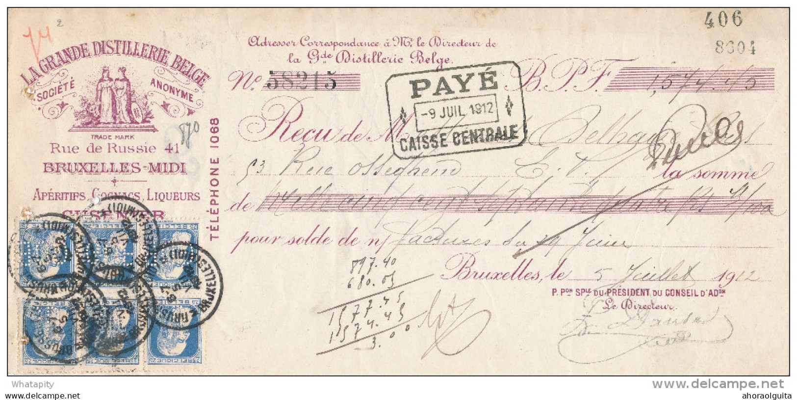 Document Financier Via Poste - TP Grosse Barbe PERFORES G.D.B. Grande Distillerie Belge à BRUXELLES 1912  -- VV400 - 1909-34