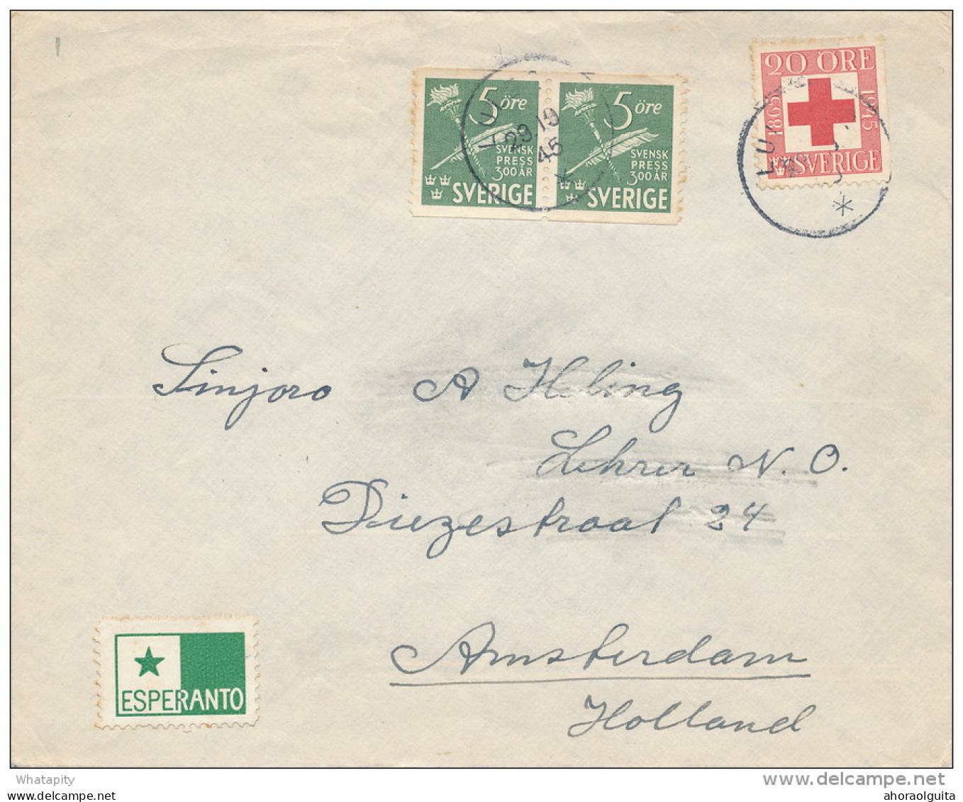 ESPERANTO - SVERIGE - Lettre TP Divers 1945 +  Vignette Etoile Verte Vers AMSTERDAM  -- C1/799 - Esperánto