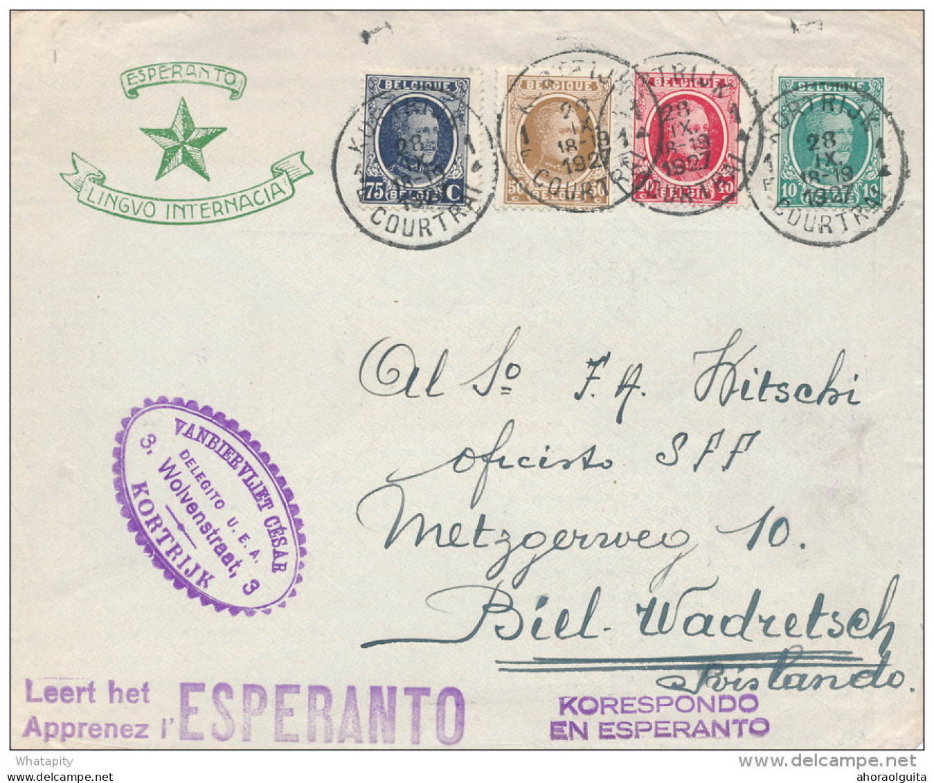 ESPERANTO - BELGIUM - Lettre Illustrée Etoile Verte TP Quadricolore KORTRIJK COURTRAI 1927 Vers La Suisse  -- C1/790 - Esperanto