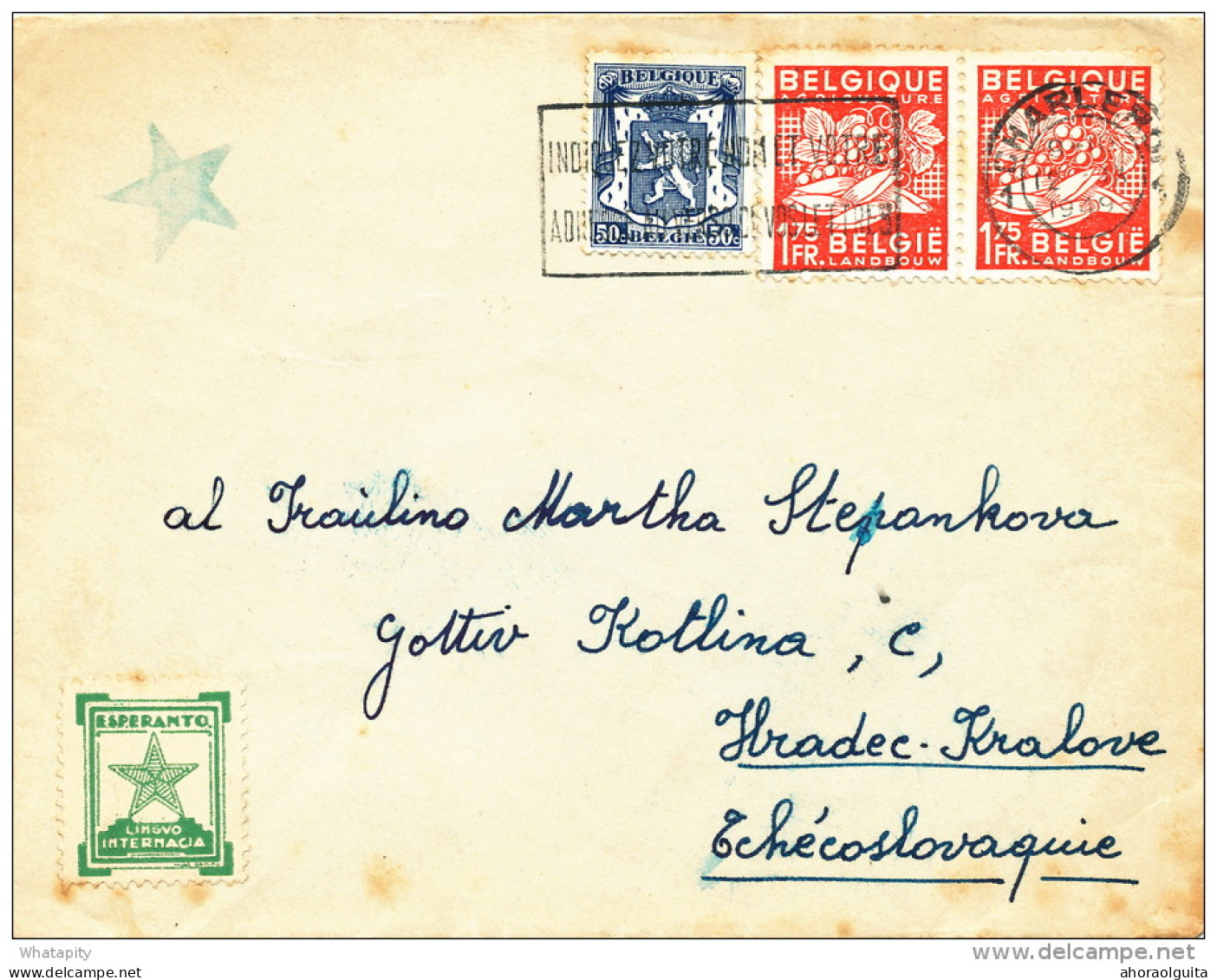 ESPERANTO - BELGIUM - Lettre TP Export CHARLEROI 1949 + 2 Vignettes Différ. Etoile Verte Vers CESKOSLOVENKO  -- C1/797 - Esperanto