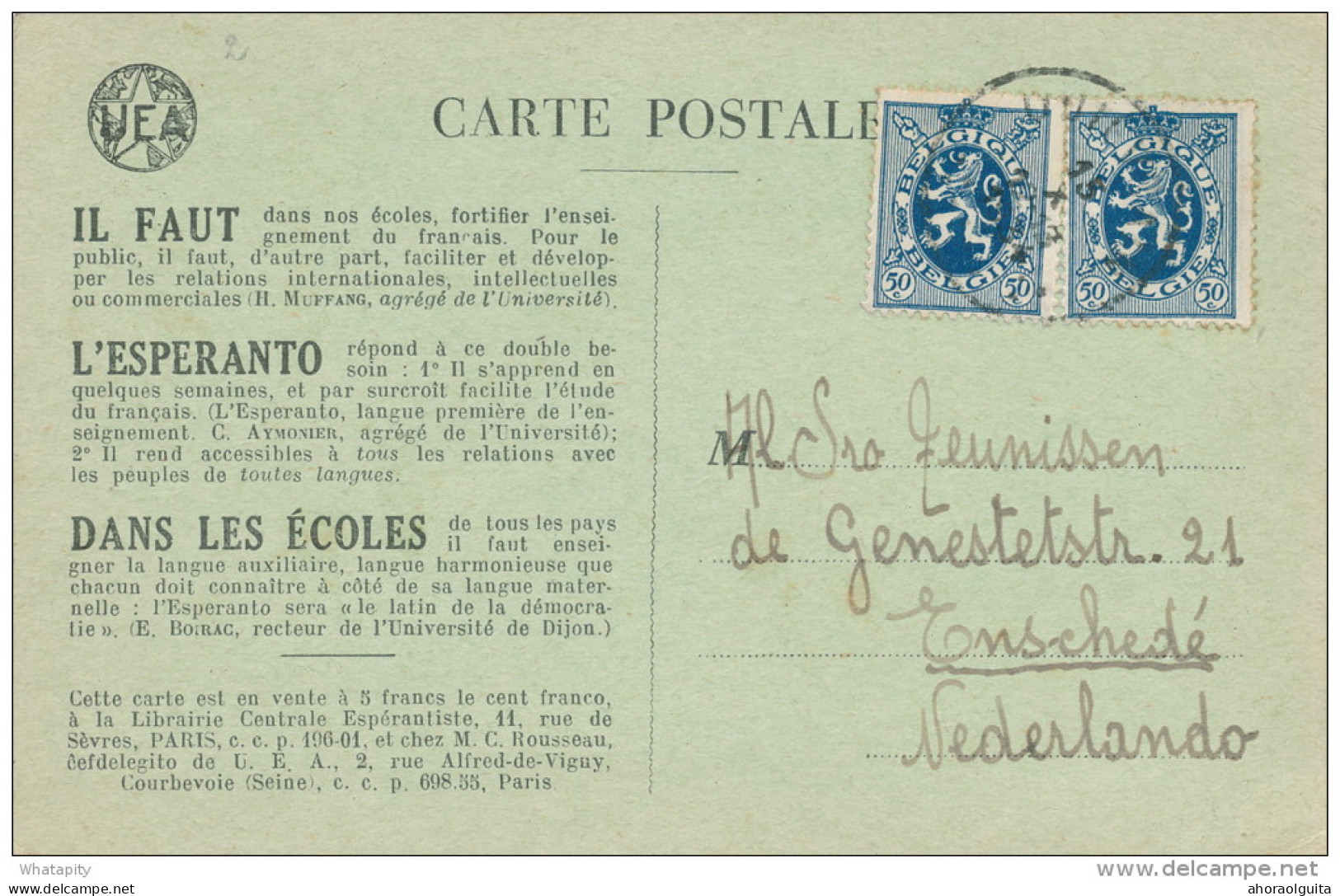 ESPERANTO - BELGIUM - Carte De Propagande QUIEVRAIN 1934 Vers ENSCHEDE NL  -- C1/791 - Esperanto