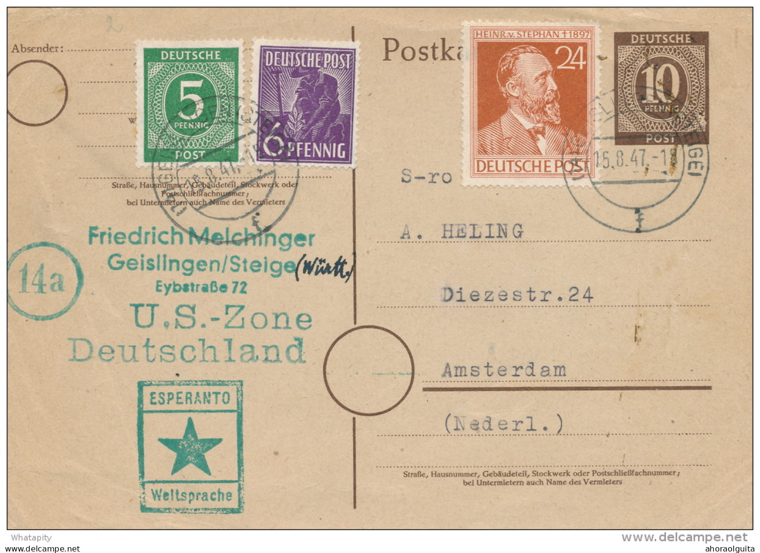 ESPERANTO - DEUTSCHLAND - Carte Entier Postal Cachet Etoile Verte GEISLINGEN 1947 Vers AMSTERDAM  -- C1/788 - Esperánto