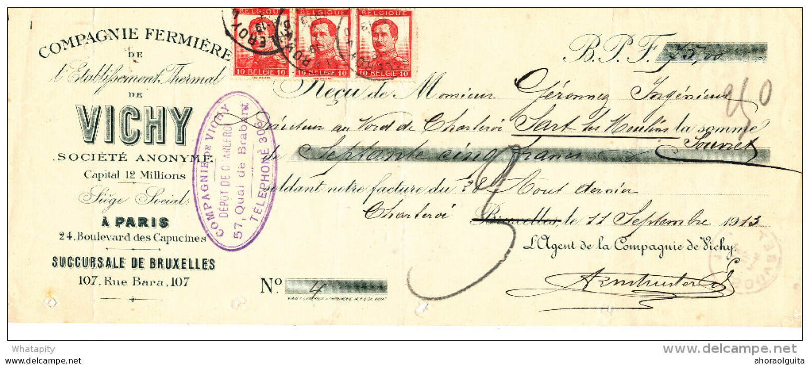 Document Financier Via Poste - TP Pellens 10 C X 3 CHARLEROY 1913 - Eau Minérale VICHY  -- VV392 - Bäderwesen