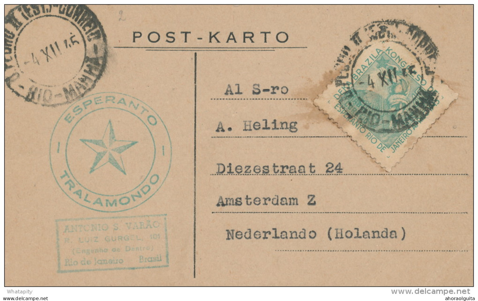 ESPERANTO - BRASIL - Carte Postale Cachet Etoile Verte RIO DE JANEIRO 1945 Vers AMSTERDAM  -- C1/789 - Esperanto