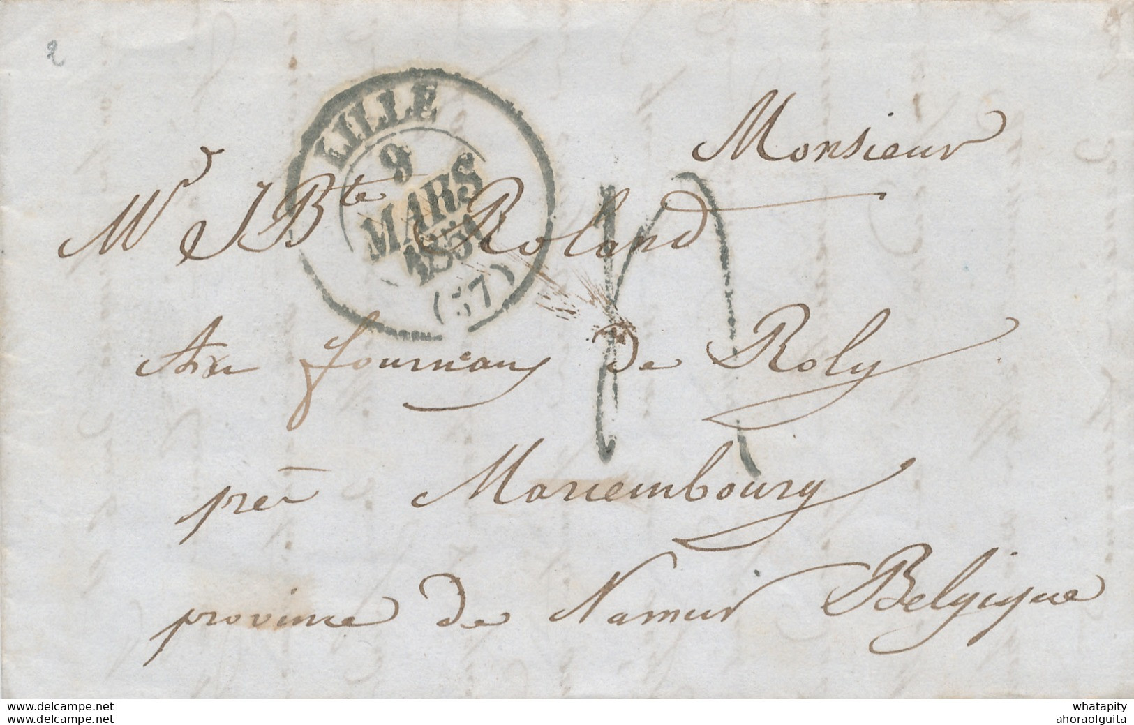 379/27 - Lettre Non Affranchie MOULINS LILLE 1851 Vers ROLY Par MARIEMBOURG Rouge - Entrée FRANCE Par MOUSCRON Noir - Doorgangstempels