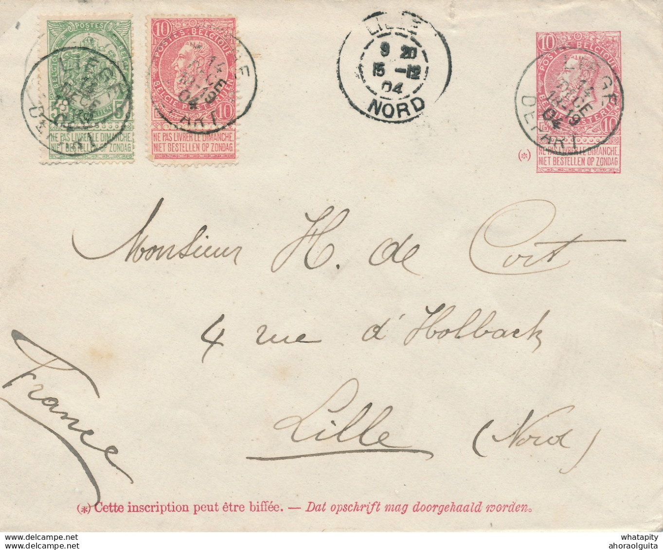 289/27 -  Entier Postal Enveloppe Fine Barbe + TP LIEGE Départ 1904 Vers LILLE France - TARIF 25 C. - Briefe