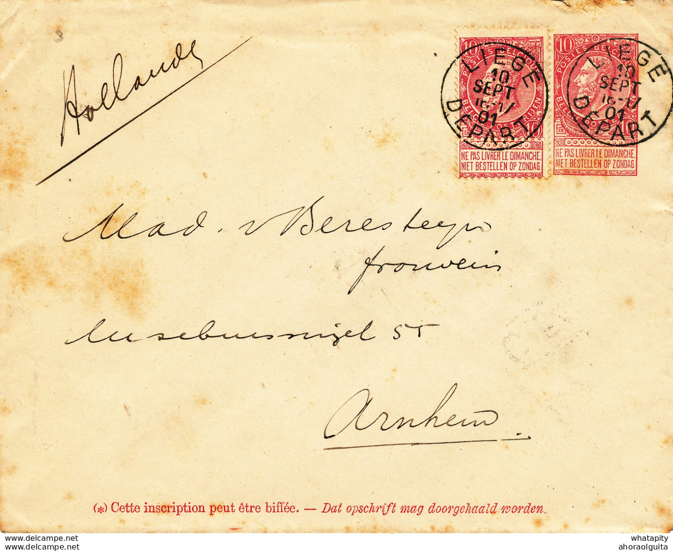 290/27 -  Entier Postal Enveloppe Fine Barbe + TP Dito LIEGE Départ 1901 Vers ARNHEM  - TARIF PREFERENTIEL NL 20 C. - Briefe