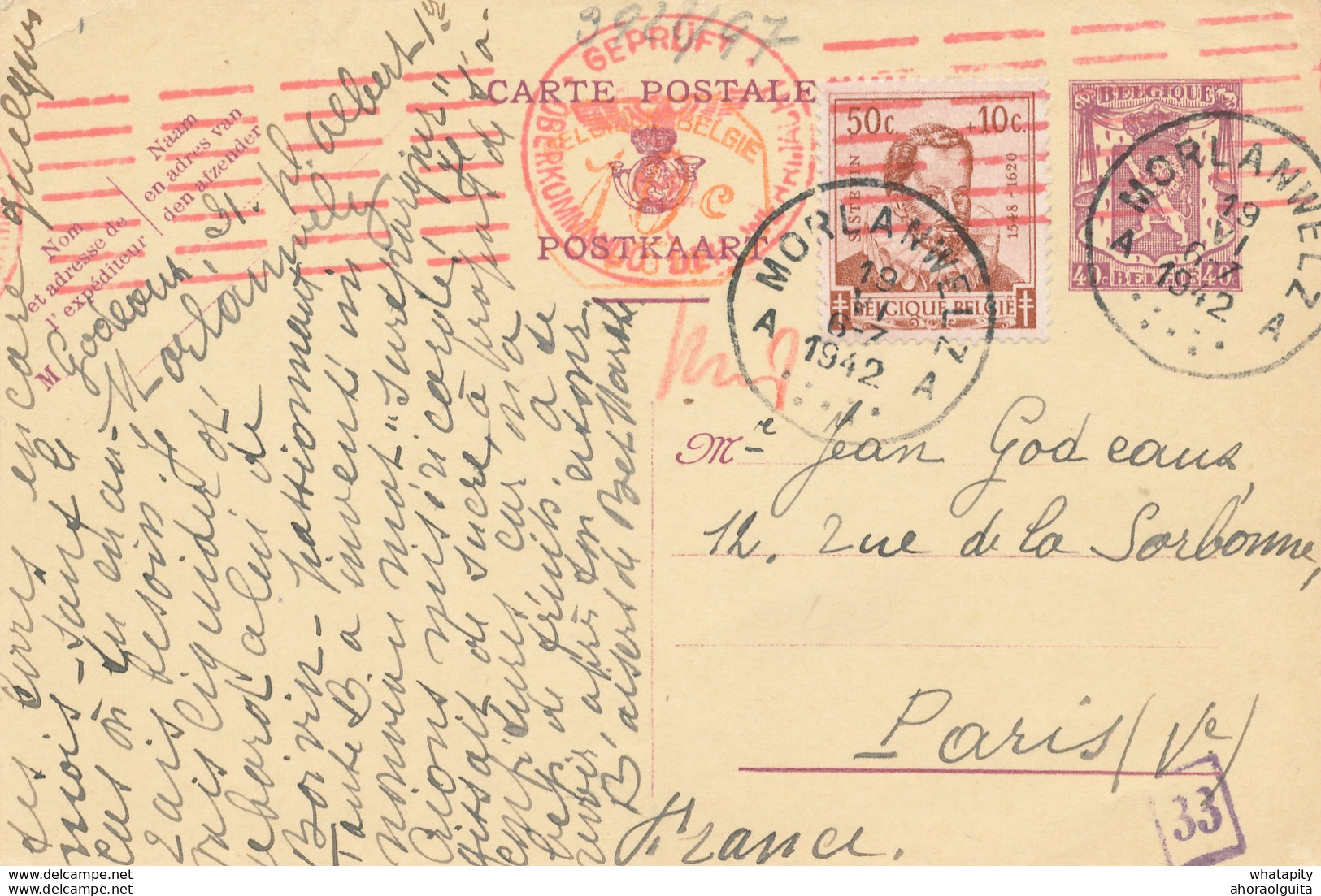 336/27 - Entier Postal Sceau Etat + TP Savants MORLANWELZ 1942 Vers PARIS - Censure Allemande - Postkarten 1934-1951