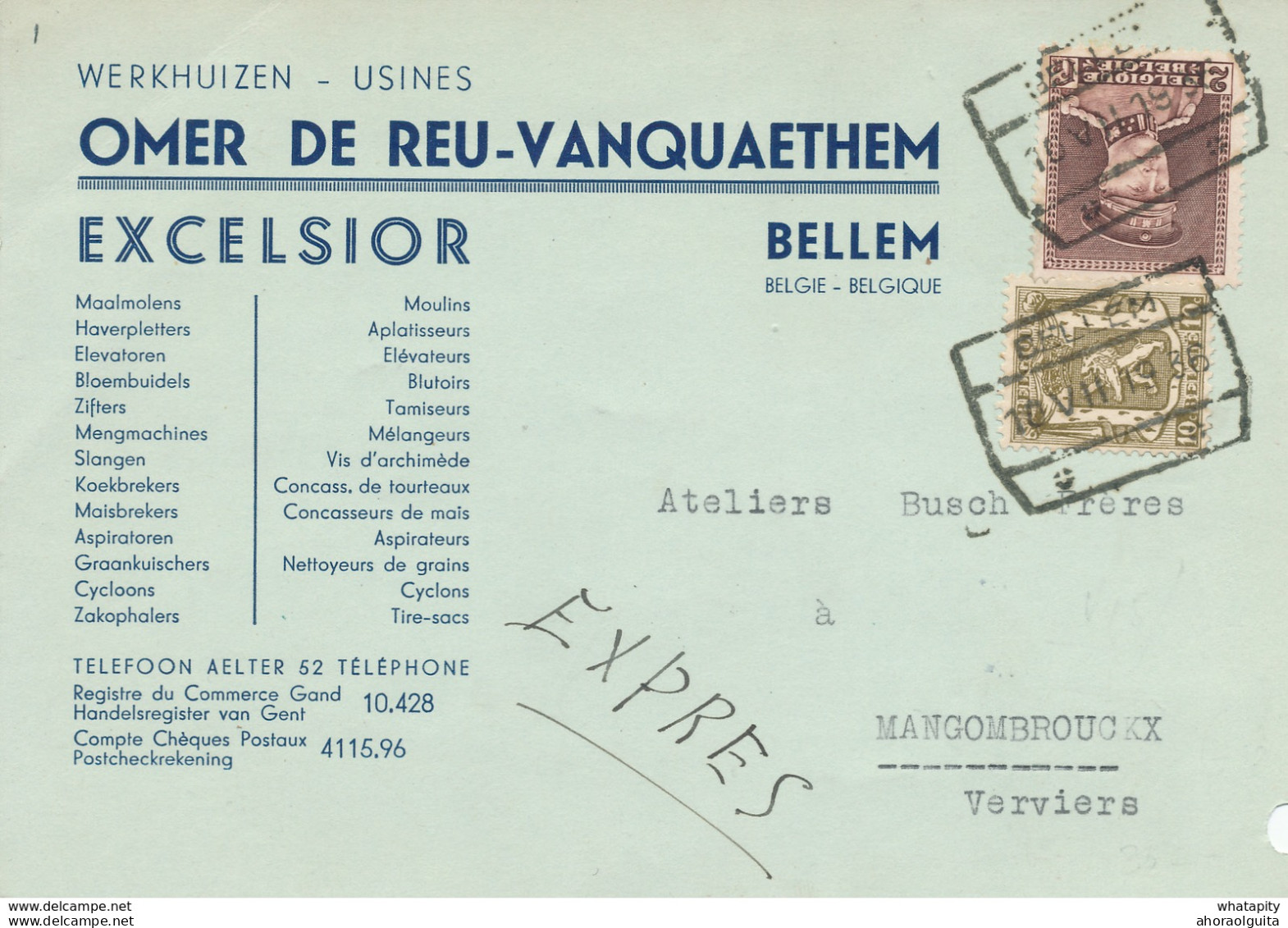 003/27 - Carte Privée En EXPRES - TP Képi + ¨Petit Sceau Gare De BELLEM 1936 - Entete Usines Excelsior - 1931-1934 Kepi