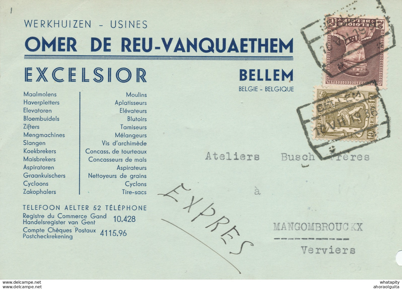 003/27 - Carte Privée En EXPRES - TP Képi + ¨Petit Sceau Gare De BELLEM 1936 - Entete Usines Excelsior - 1931-1934 Quepis