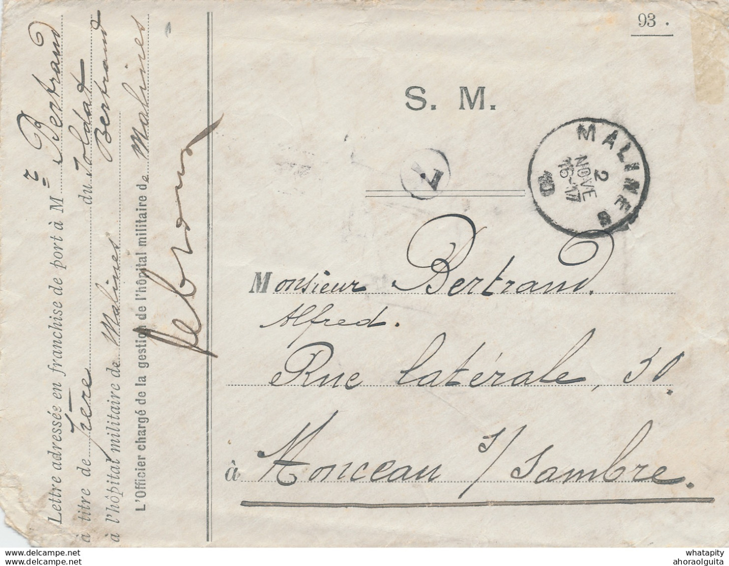 ZZ890 - Enveloppe ¨Préimprimée En S.M.Hopital Militaire De MALINES 1910 Vers MONCEAU S/SAMBRE - Covers & Documents