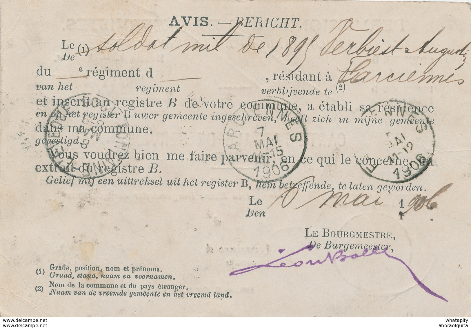 ZZ884 - Carte De Service Permissionnaires Et Réservistes 1906 - Administration Communale De FARCIENNES Vers HAM S/SAMBRE - Briefe U. Dokumente