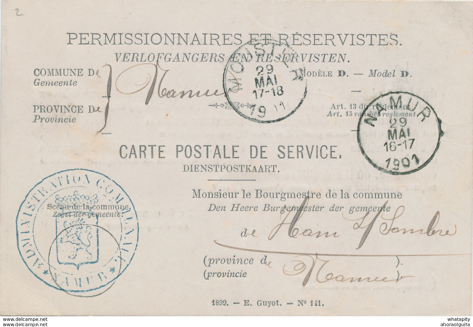 ZZ885 - Carte De Service Permissionnaires Et Réservistes 1901 - Administration Communale De NAMUR Vers HAM S/SAMBRE - Briefe U. Dokumente