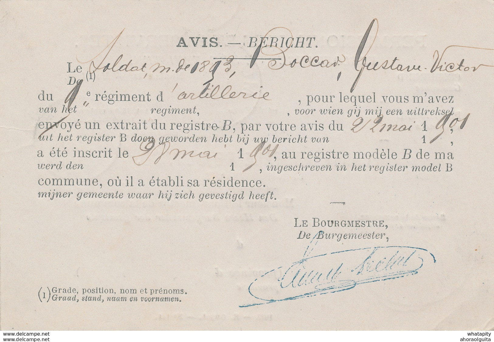 ZZ885 - Carte De Service Permissionnaires Et Réservistes 1901 - Administration Communale De NAMUR Vers HAM S/SAMBRE - Cartas & Documentos