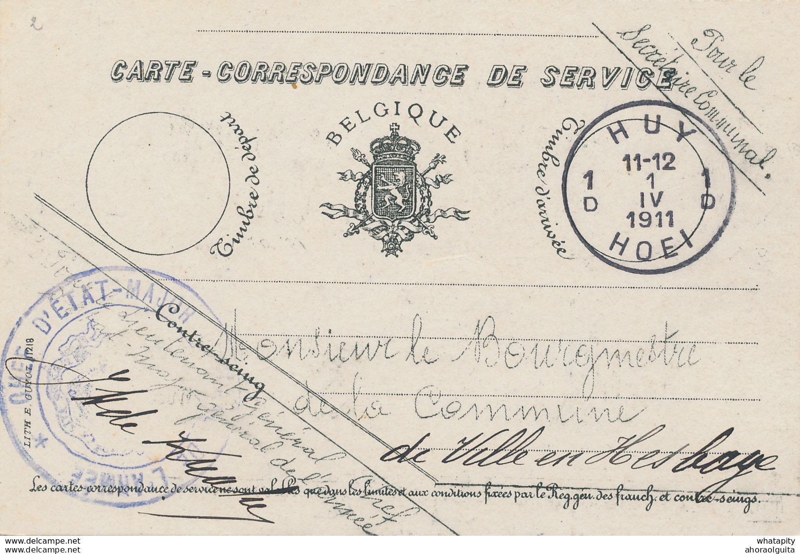 ZZ879 - Carte De Service Cachet Chef D' Etat-Major De L' Armée - HUY 1911 Vers VILLE EN HESBAYE - Brieven En Documenten