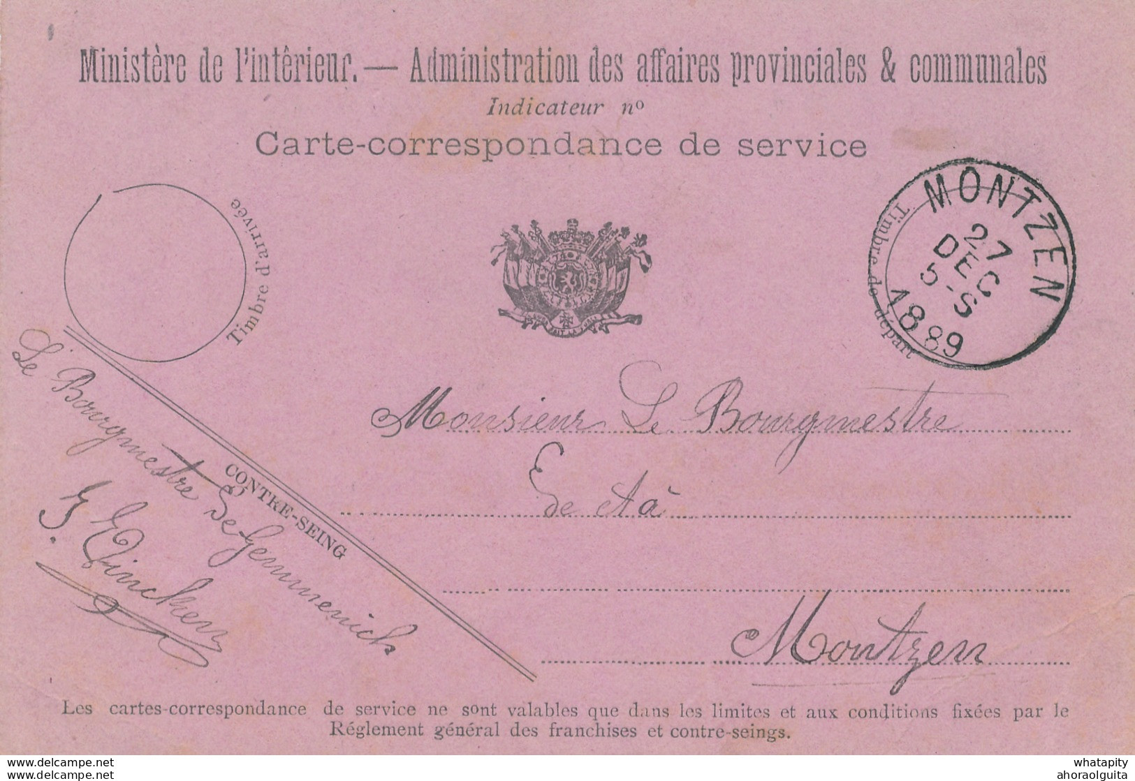 ZZ863 - CANTONS DE L'EST - Carte De Service En FRANCHISE 1899 - Bourgmestre De GEMMENICH Vers Collègue De MONTZEN - Franchise