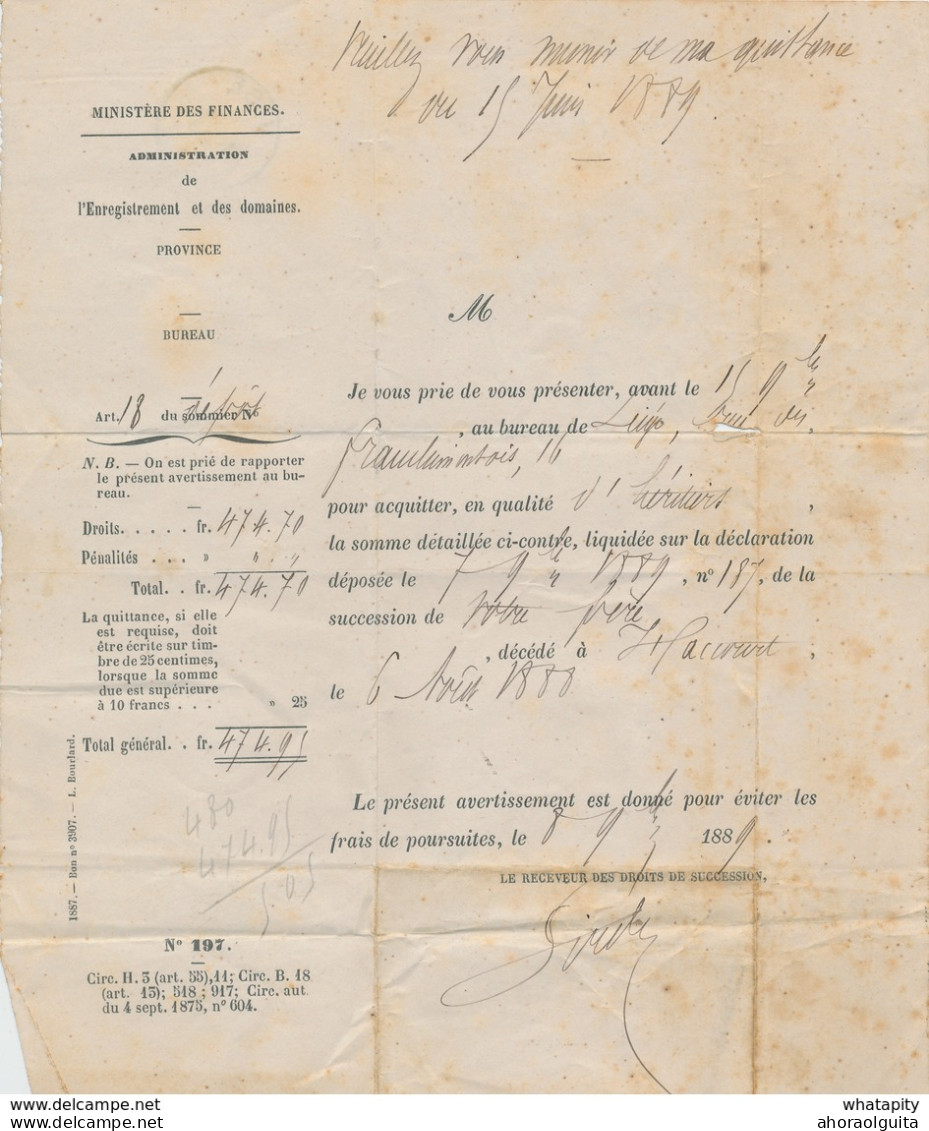 ZZ864 - Lettre De Service En FRANCHISE LIEGE ST LEONARD 1889 Vers HACCOURT Par VISE - Ministère Des Finances - Portofreiheit