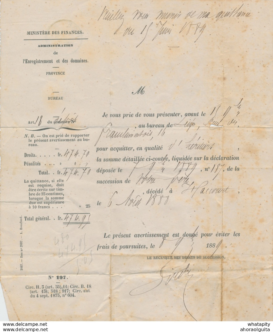 ZZ864 - Lettre De Service En FRANCHISE LIEGE ST LEONARD 1889 Vers HACCOURT Par VISE - Ministère Des Finances - Franchise