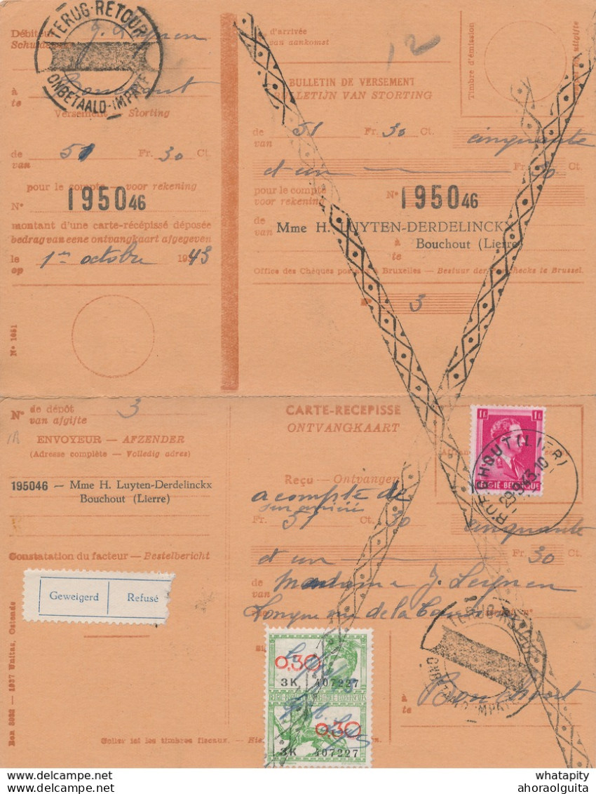 ZZ592 - Carte-Récépissé Fiscal Et TP Col Ouvert BOECHOUT Lier 1943 - Exp. Mme Luyten - RETOUR IMPAYE - 1936-1957 Open Kraag