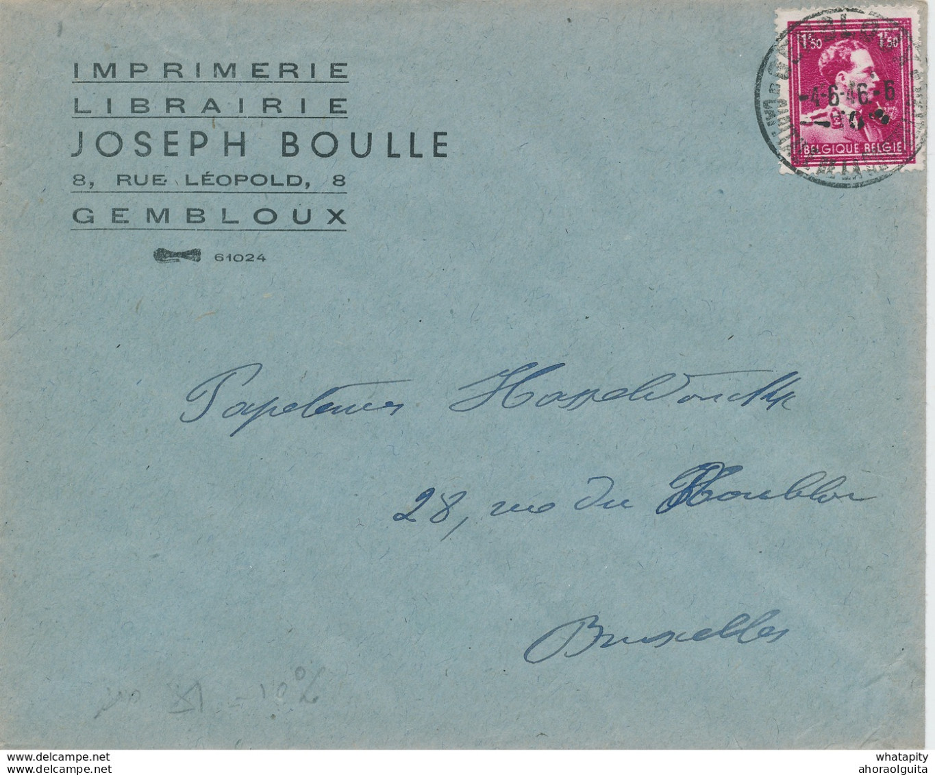 ZZ485 - Enveloppe TP Moins 10 % Surcharge Locale GEMBLOUX 1946 - Entete Imprimerie Librairie Boulle - 1946 -10%