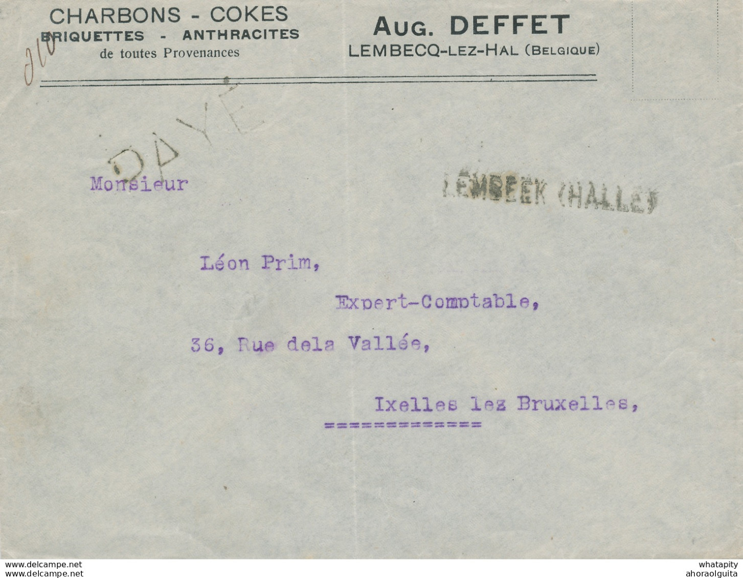 ZZ474 - Enveloppe En FORTUNE 1918/19 - Payé LEMBEEK Halle Vers Bruxelles - Entete Charbons Deffet - Fortune Cancels (1919)