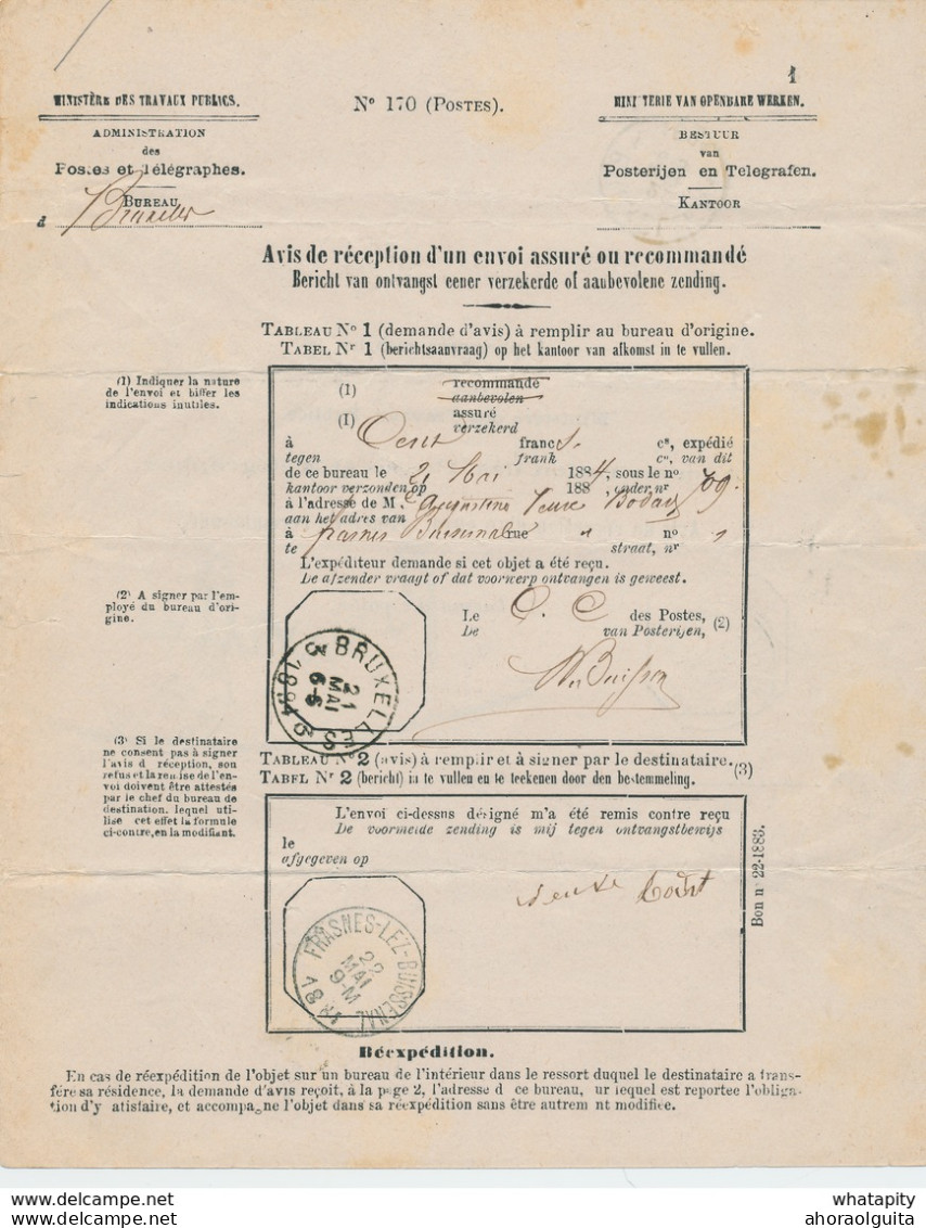 ZZ477 - AVIS De RECEPTION D'un Envoi ASSURE - BRUXELLES 1884 Vers FRASNES Lez BUISSENAL - Dépliants De La Poste