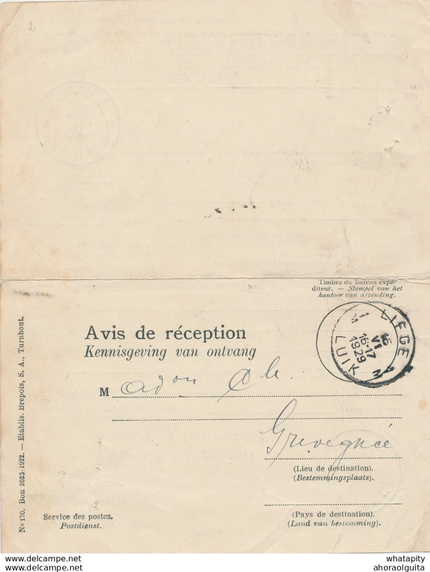ZZ478 - AVIS De RECEPTION D'un Envoi Recommandé - LIEGE 1929 Vers GRIVEGNEE - Post-Faltblätter