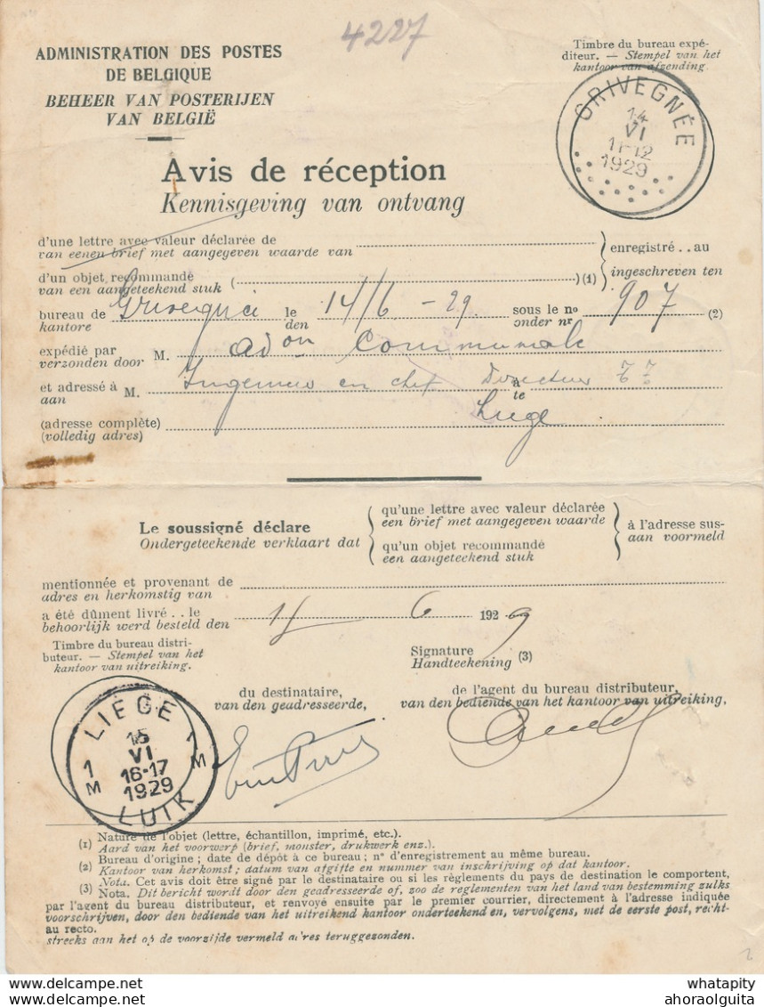ZZ478 - AVIS De RECEPTION D'un Envoi Recommandé - LIEGE 1929 Vers GRIVEGNEE - Dépliants De La Poste