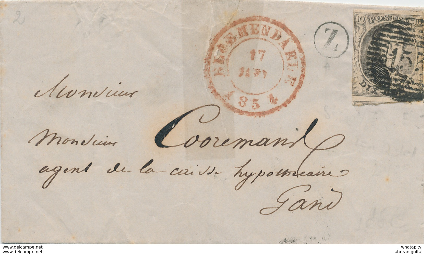 ZZ464 - Lettre TP Médaillon 10 C Barres 153 BLOEMENDAELE 1854 Vers GAND - Boite Rurale Z  = ST GEORGES TEN DISTEL - Landelijks Post