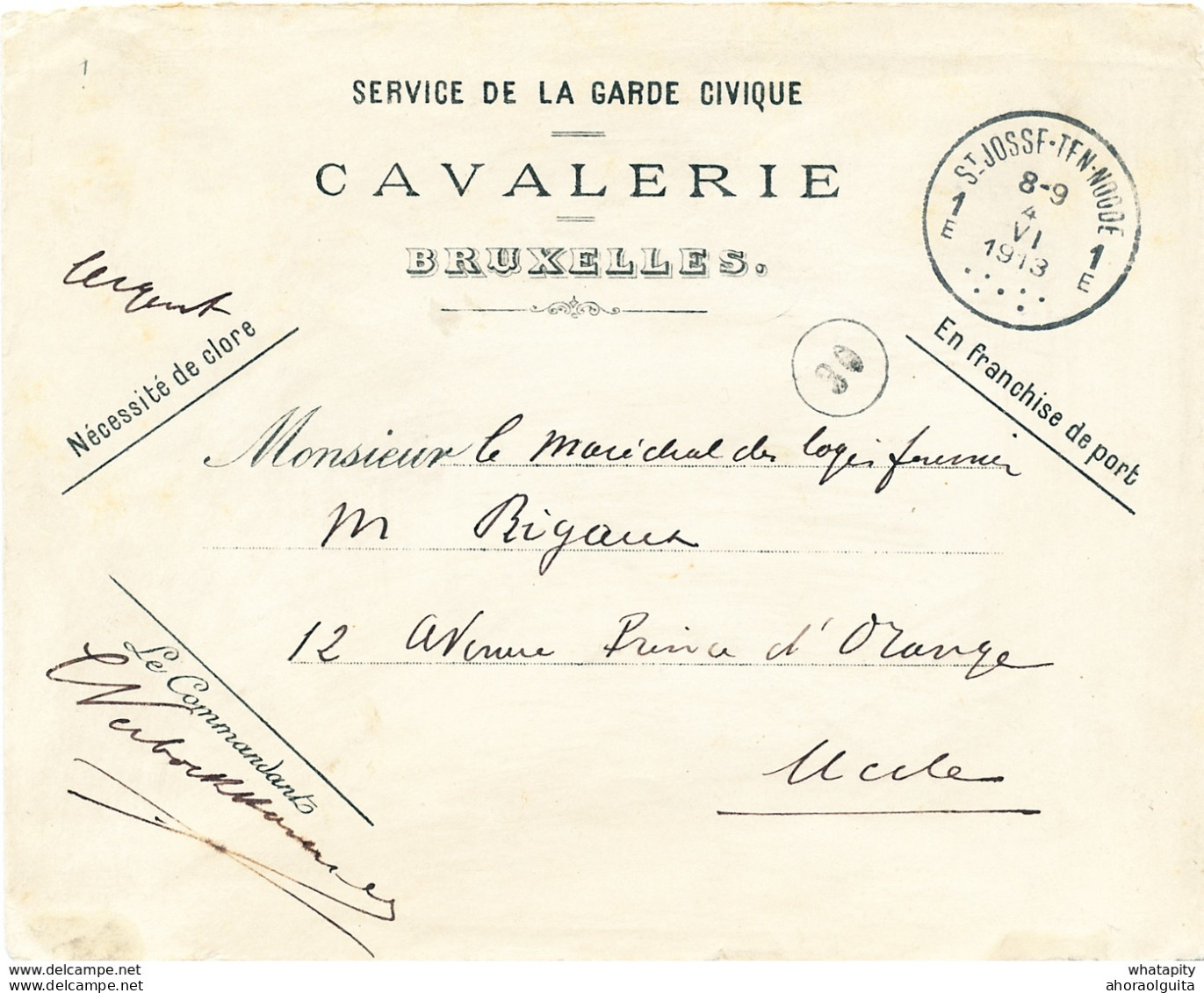 ZZ341 - Enveloppe Garde Civile De BRUXELLES - Cavalerie -ST JOSSE TEN NOODE 1913 - FRANCHISE Appliquée - Covers & Documents