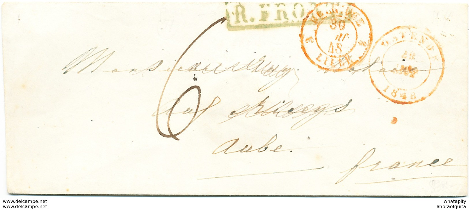 ZZ222 - Enveloppe Précurseur OSTENDE 1848 Vers La France - Marque RFRONT En Vert De L' Ambulant De L' Ouest - Bureaux De Passage