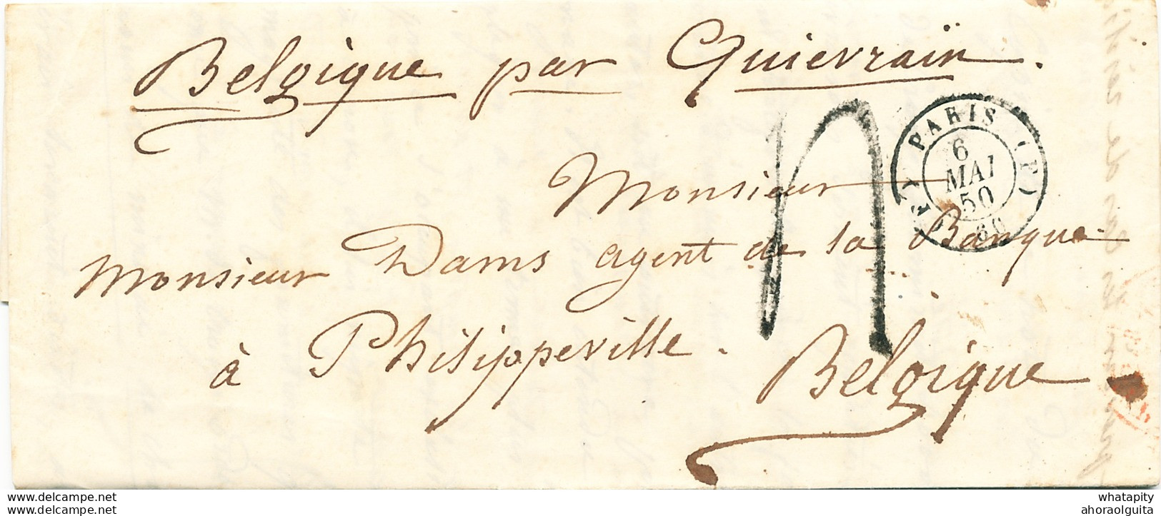 ZZ228 - Lettre Précurseur PARIS 1850 Vers PHILIPPEVILLE  - Ambulant FRANCE Par QUIEVRAIN No 1 En Vert - Grenzübergangsstellen