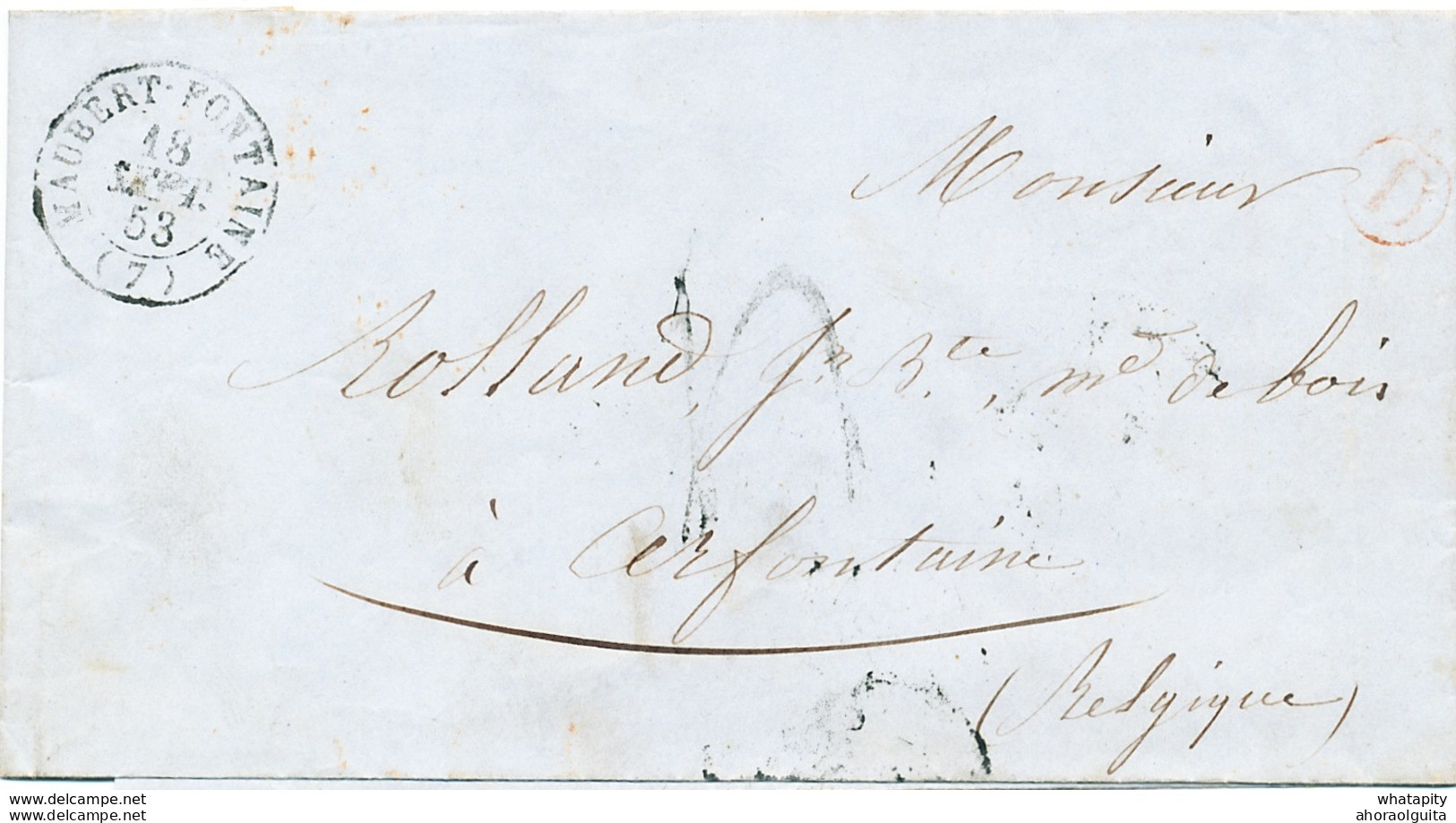 ZZ225 - Lettre Précurseur MAUBERT FONTAINE 1853 (Boite D Rouge ) Vers CERFONTAINE - FRANCE Par DINANT - Grenzübergangsstellen