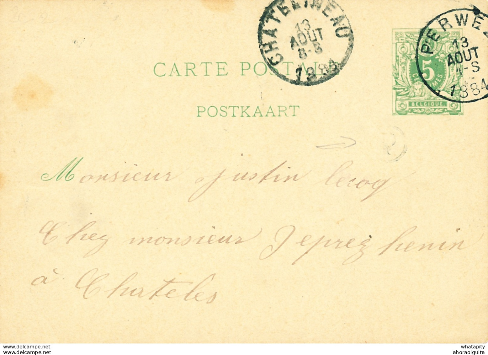105/26 - Entier Postal Lion Couché PERWEZ 1884 - Boite Rurale P - Origine Manuscrite MALEVE - Rural Post