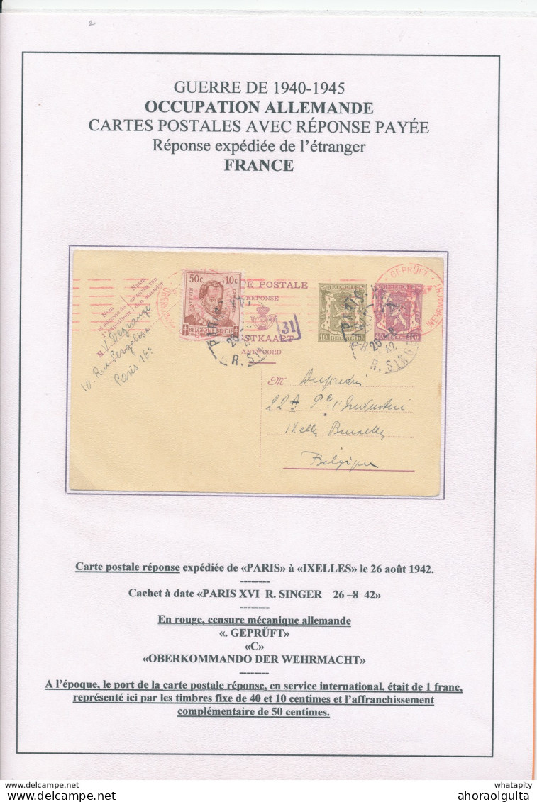 044/26 - Entier Postal Petit Sceau - REPONSE De PARIS 1942 Vers IXELLES - Censure Allemande De COLOGNE - Postkarten 1934-1951