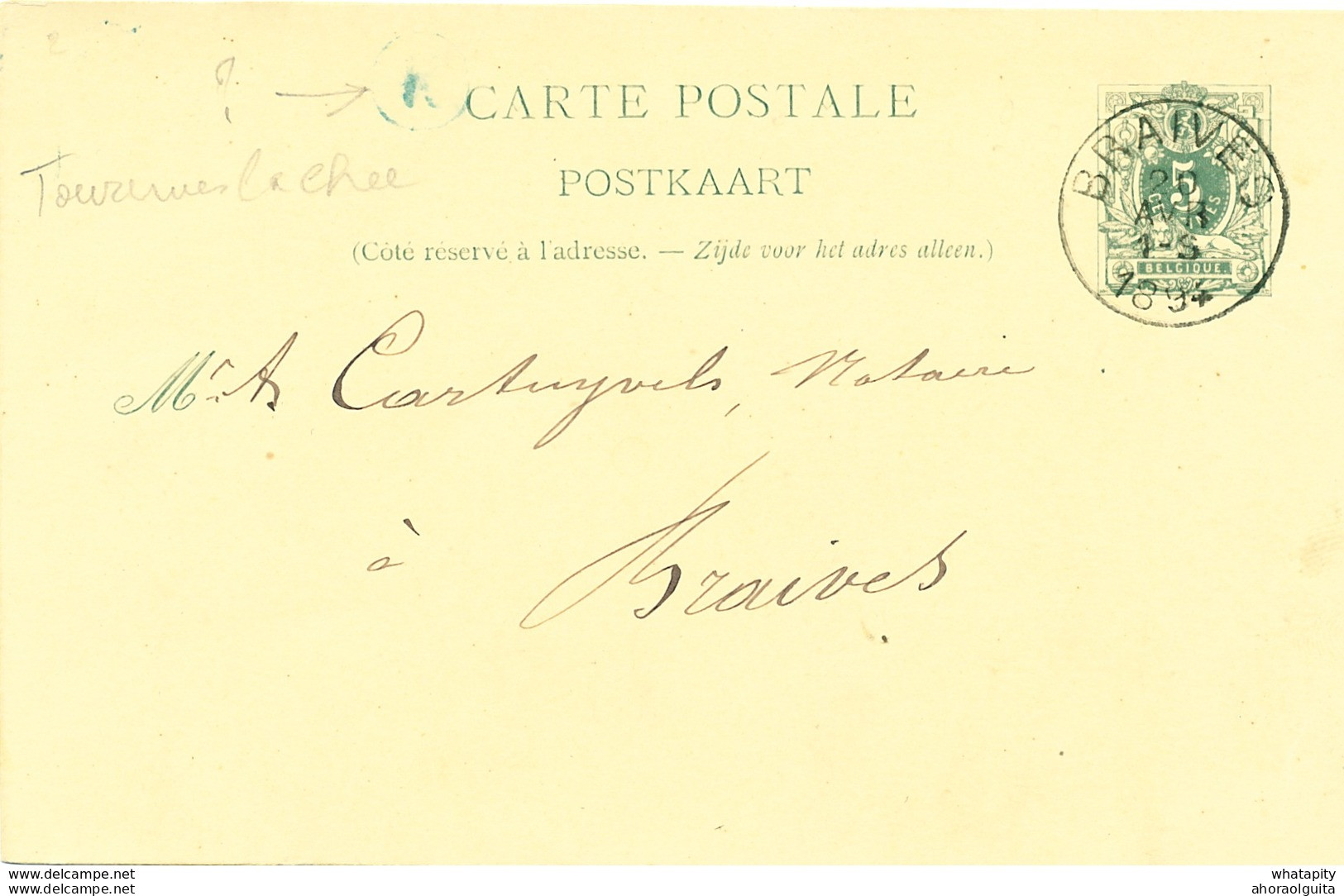 098/26 - Entier Postal Lion Couché BRAIVES 1894 - Boite Rurale Bleue R (?) - Origine Manuscrite TOURINNES LA CHAUSSEE - Rural Post