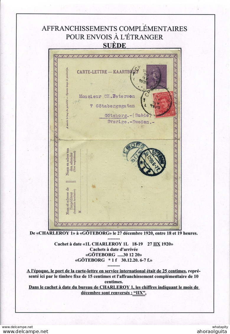 YY 261 - Carte-Lettre Albert Casqué + TP Petit Albert CHARLEROY 1920 Vers GOTEBORG Suède - Carte-Lettere