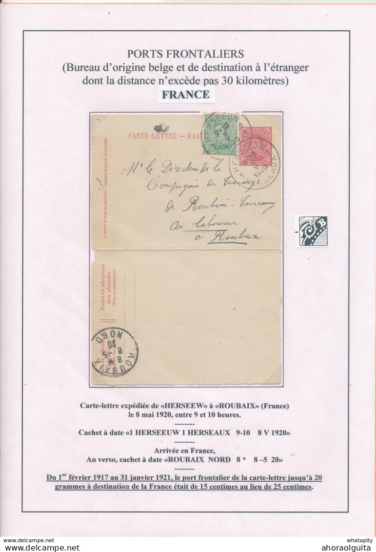 YY 256 - Carte-Lettre Petit Albert + TP Dito HERSEAUX 1920 Vers ROUBAIX France - TARIF FRONTALIER 15 C - Letter-Cards