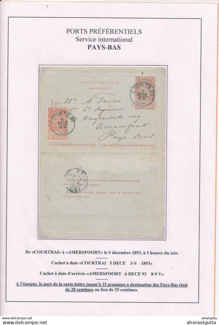 YY 247 - Carte-Lettre Fine Barbe + TP Dito COURTRAI 1893 Vers AMERSFOORT NL - TARIF PREFERENTIEL 20 C - Carte-Lettere