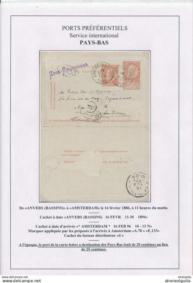 YY 246 - Carte-Lettre Fine Barbe + TP Dito ANVERS 1896 Vers AMSTERDAM NL - TARIF PREFERENTIEL 20 C - Carte-Lettere