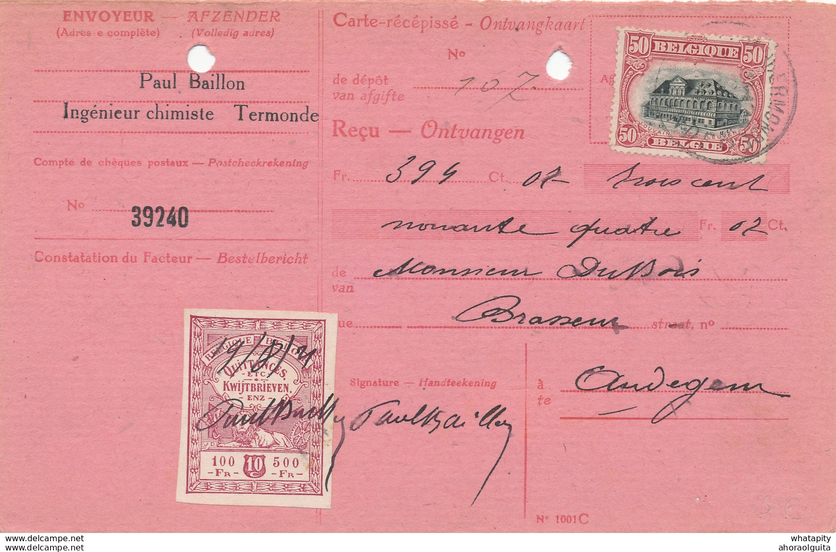 YY546 - Carte-Récépissé TP Petit Albert DENDERMONDE 1921 Vers Hector Dubois , Brasseur à AUDEGEM - Cervezas