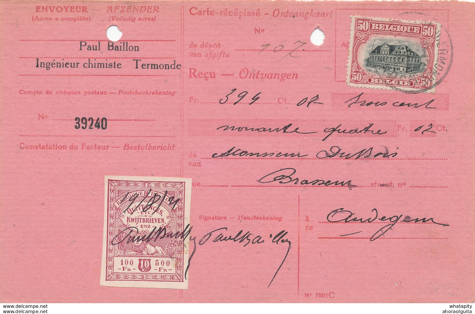 YY546 - Carte-Récépissé TP Petit Albert DENDERMONDE 1921 Vers Hector Dubois , Brasseur à AUDEGEM - Bières